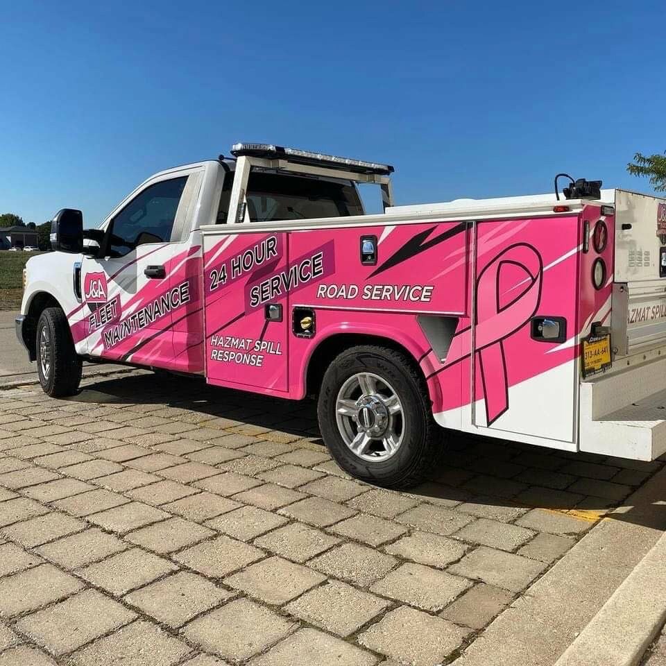 J&A Fleet Repair truck is customized with the breast cancer awareness ribbon to support survivors and those still battling the disease.